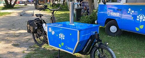 swa Wasserlastenrad vor dem swa Wasser Bulli. Weiterverlinkung auf Modular 2024 Gaswerk Newsartikel