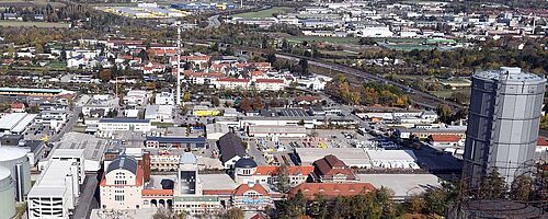 Luftaufnahme vom Gaswerk. Weiterverlinkung auf "Im ersten Jahr gings rund" Newsartikel