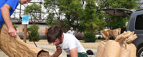 Zwei Männer streuen auf dem Gaswerkgelände Samen in einen grünen Behälter. Weiterverlinkung auf ein Stück Siebentischwald Newsartikel