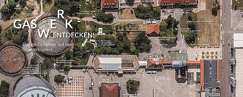 Luftaufnahme der Gaswerke, mit Beschriftung der einzelnen Gebäuden.