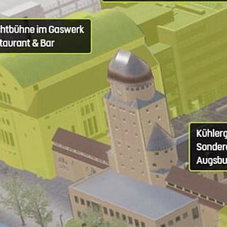 Gaswerksgelände mit einzelnen Gebäuden im Überblick. Weiterverlinkung auf Gaswerk Lageplan